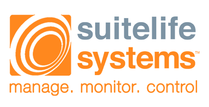 SuiteLife Systems logo with orange swirl icon and gray suite life text next to orange systems plus the tagline manage monitor control