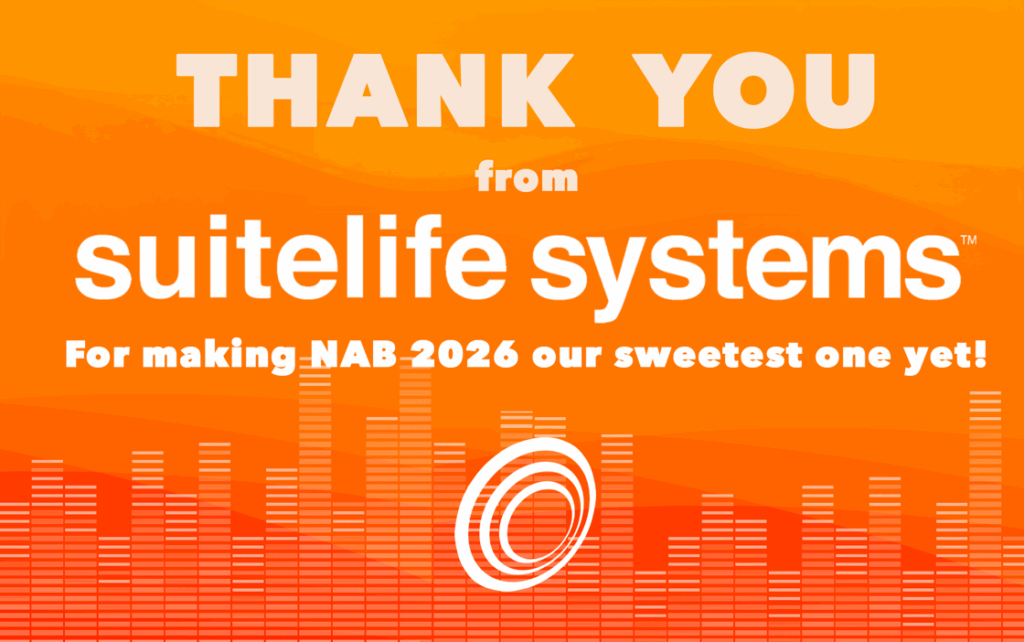 Orange gradient thank you banner from Suitelife Systems for NAB 2026 featuring a circular logo and bold white text